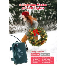 24 Inch Christmas Wreath for Front Door, IP44 Battery Operated 50 Pre-lit LED Christmas Wreaths with Pinecones Pine Needles Branches Red Berry Mini Bow, X-Mas Collection for Front Door Wall Window