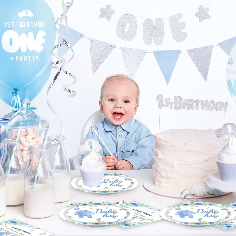 40pcs Blue Floral Baby Shower Decorations Boys Gender Reveal Supplies