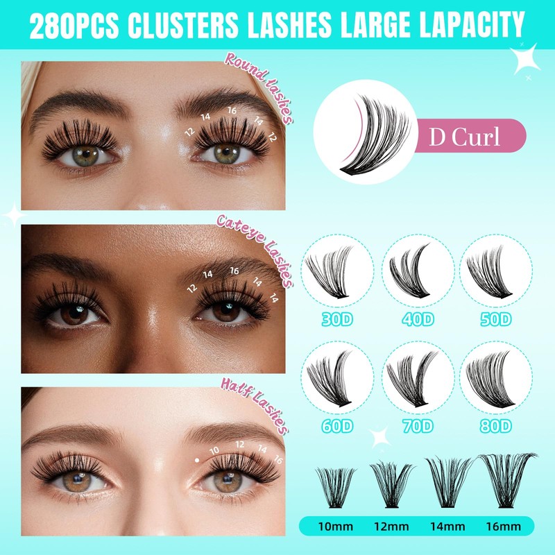 Lash Clusters Wispy 280PCS Eyelash Extension 60D Cluster Lashes Individual