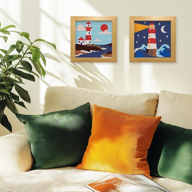 INFUNLY 2PCS Sea Lighthouse Punch Needle Embroidery Kit for Beginners