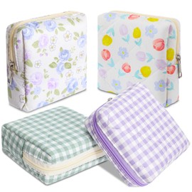 Paterr 4 Pcs Mini Quilted Floral Makeup Bag Small Coquette Cosmetic Bag Aesthetic Floral Makeup Pouch with Zipper Cute Travel Toiletry Essentials for Women (Blue Flower, Checked)