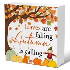 Fall Decor - Fallen Leaves Pumpkins Scarecrow Decorations Autumn Thanksgiving Harvest Wooden Decorative Sign Rustic Home Decor 5 x 5 Inches