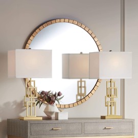 Golden Mid Century Modern Contemporary Table Lamps 26" High Set of 2 Brushed Gold Grid Open Base White Rectangular Shades Living Room Bedroom House Bedside Nightstand Home - 360 Lighting