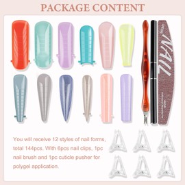SUTOKAKA 144Pcs Polygel Nail Form Kit 12 Color 12 Sizes Reusable Nail Extension Mold Dual Forms with 6Pcs Nail Clips, Dual-Head Brush Pen, Nail File & Cuticle Pusher for Beginners