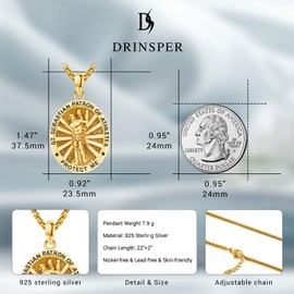 DRINSPER Saint Sebastian Medal Necklace for Mem Women 925 Sterling Silver Protect This Athlete Pendant 18k Gold Plated Patron St Sebastian Confirmation Gifts Religious Protection Amulet Jewelry