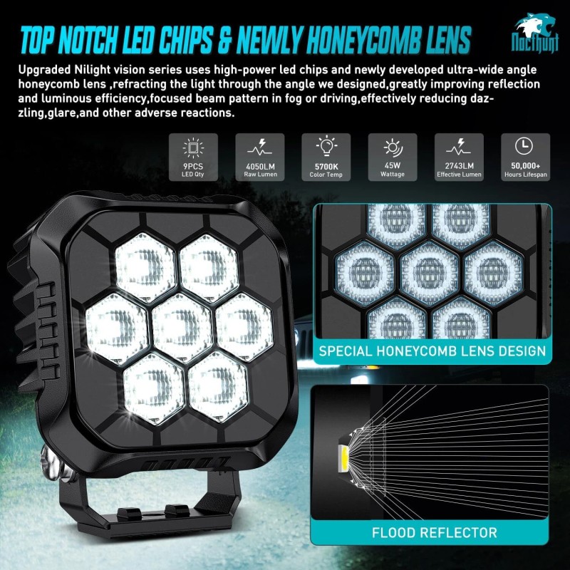 Nilight LED Pod Light 2PCS 3.8 Inch 45 W Square