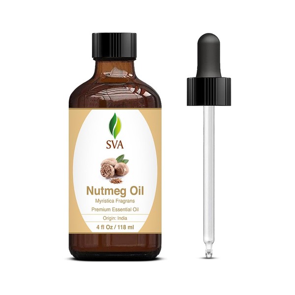 SVA Nutmeg Essential Oil 4oz (118 ml) Premium Essential Oil with Dropper for Skincare, Body Massage, Diffuser, Aromatherapy & Hair Care