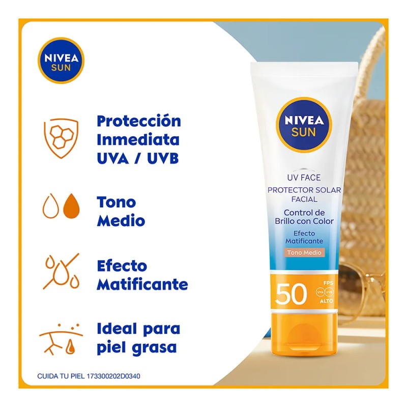 Protector Solar Facial NIVEA SUN Control Brillo Tono Medio, Cobertura