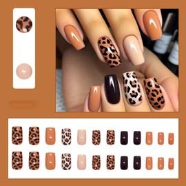 24 Pcs Leopard Print Press on Nails Medium Square Fake Nails Brown Black Acrylic Nail Kit with Solid Color Design Full Cover False Nails Glossy Glue on Nails Stick on Nail for Women Manicure