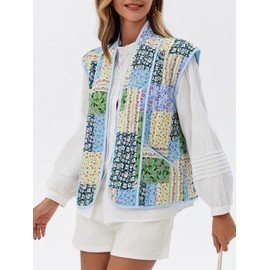 Tankaneo Womens Puffer Quilted Cropped Vest Oversized Floral Patchwork Lightweight Jacket Cap Sleeve Outerwear Vest