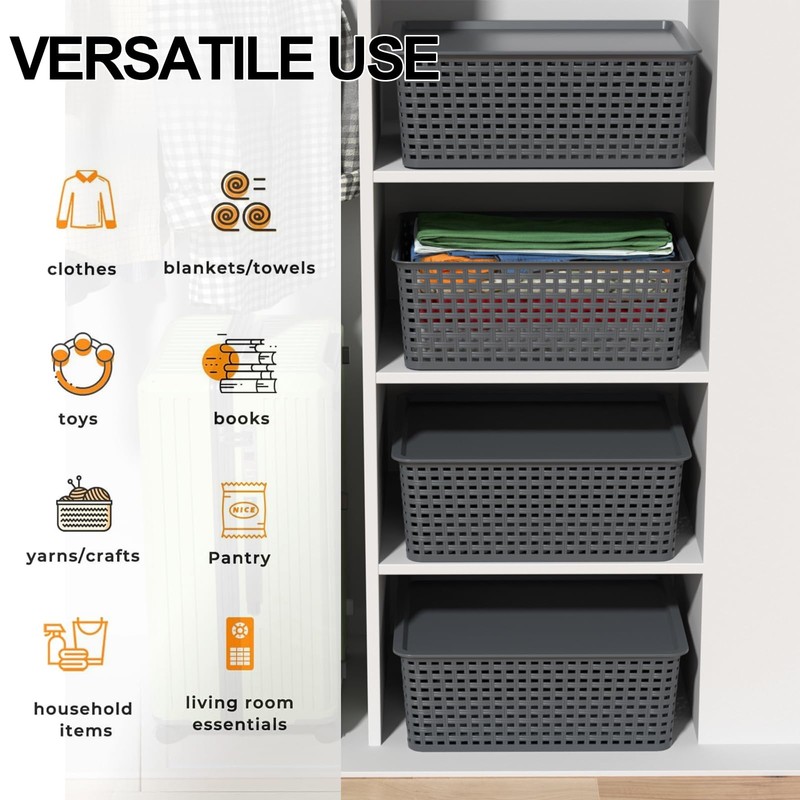 6-Pack Plastic Storage Baskets with Lid, Organizer Bins, Gray