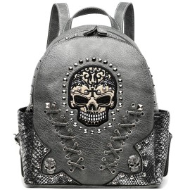Cowgirl Trendy Sugar Skull Punk Backpack Women Fashion Daypack Biker Purse Bookbag Shoulder Bag - Gray
