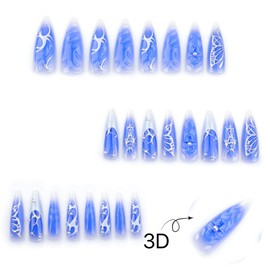 CTTHNBD Press on Nails Long - Blue Fake Nails with Silver Butterfly Desigen - Flower, French Tip False Nails for Women 24 Pcs