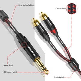 TIMEYES 6.35 mm Stereo to 2RCA Cable - TRS 1/4'' to Dual RCA Y-Splitter Audio Cable - 6.5 mm Quarter Inch TRS to Double RCA Breakout Cord - 1/4 Inch Male to RCA Male Interconnect Cable - 6FT/2M