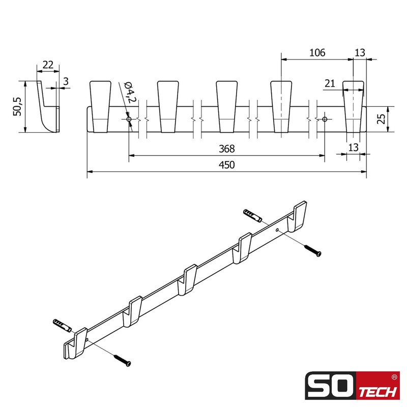 SOTECH Blackline ALBUS Hook Rails 450 mm with 5 Hooks