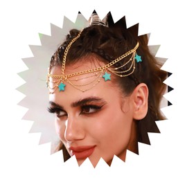Ursumy Boho Layered Turquoise Head Chain Gold forehead beads Hair Chain Festival star Pendant Headpieces for Women (Gold)