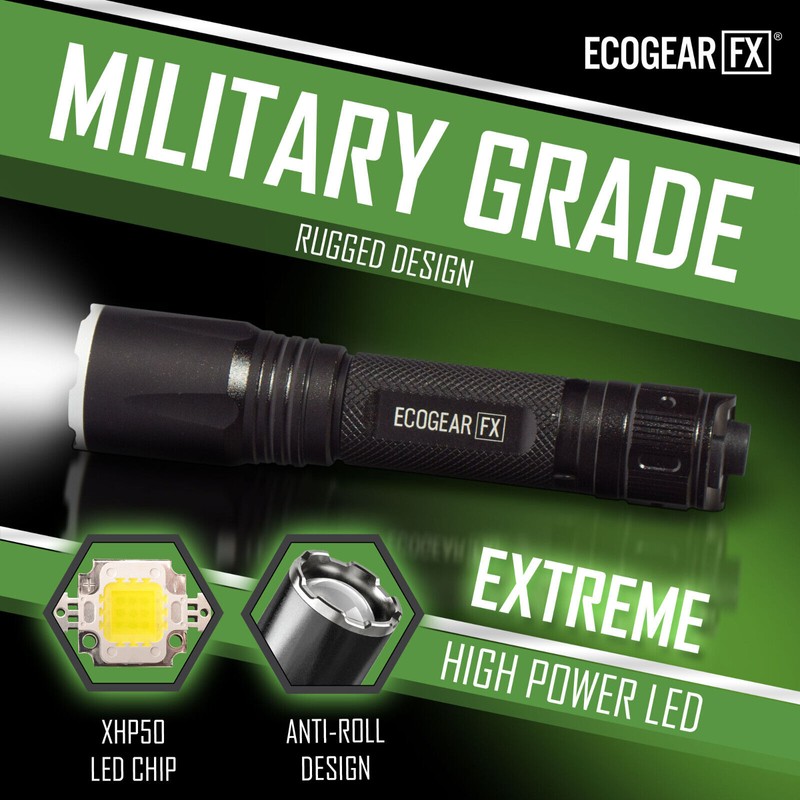 EcoGear FX USB Rechargeable LED Tactical Flashligh Bright 2000 Lumens