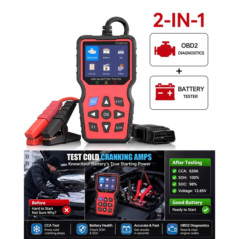 Easy to Use 2-in-1 OBD2 Scanner with Battery Tester: 1S