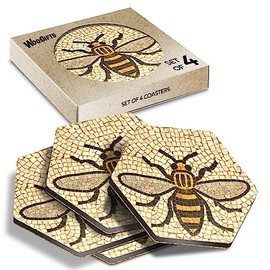 4 x Hexagon Coasters - Manchester Bee Mosaic Pattern Cork Backed MDF Glossy Tea Coffee Accessory #51408