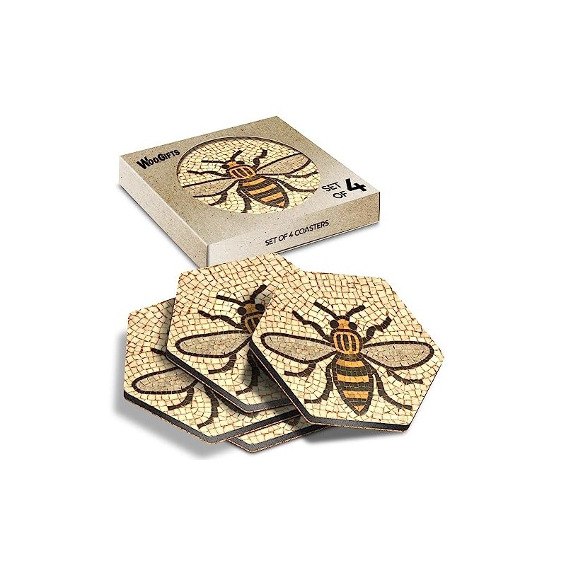 4 x Hexagon Coasters - Manchester Bee Mosaic Pattern Cork