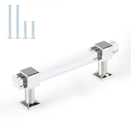 Orger 10 Pack Kitchen Cabinet Pulls 3 3/4 Inch Hole Center Square Tube Clear Acrylic Drawer Pulls with Zinc Alloy Base Polished Chrome, Cabinet Handles for Bedroom Wardrobe