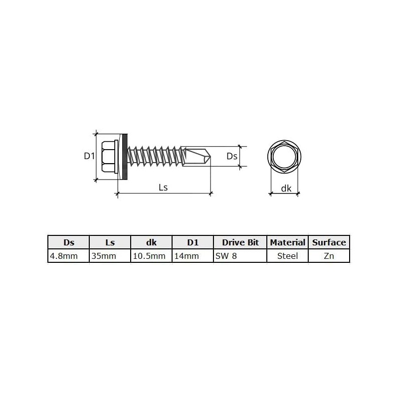 4.8 mm x 35 mm Roofing Screws, Hex Head Self-drilling