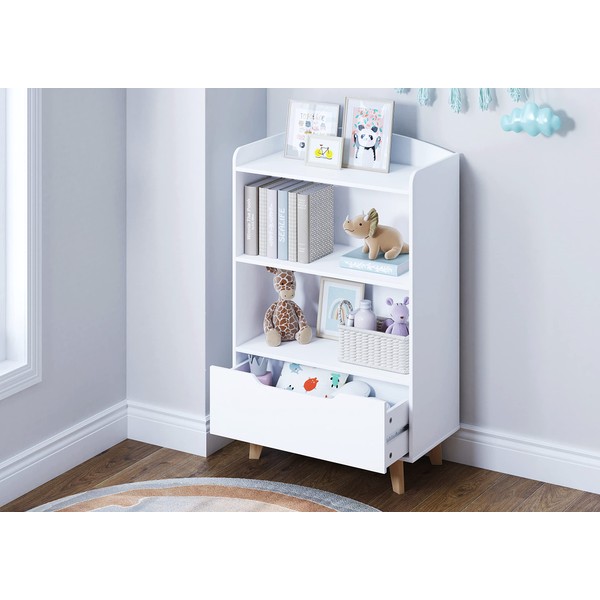 UTEX Kids Bookshelf, Wood Kids Toy Storage Organizer, Children's Bookcases with Storage and Drawer for Playroom,Bedroom,Nursery School,White