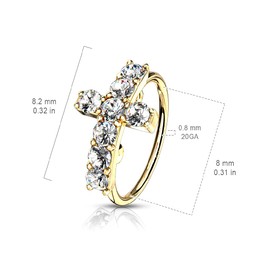 Pierced Owl 20GA Stainless Steel CZ Paved Cross Top Bendable Hoop Cartilage Helix Tragus Nose Ring (Gold tone/Clear)