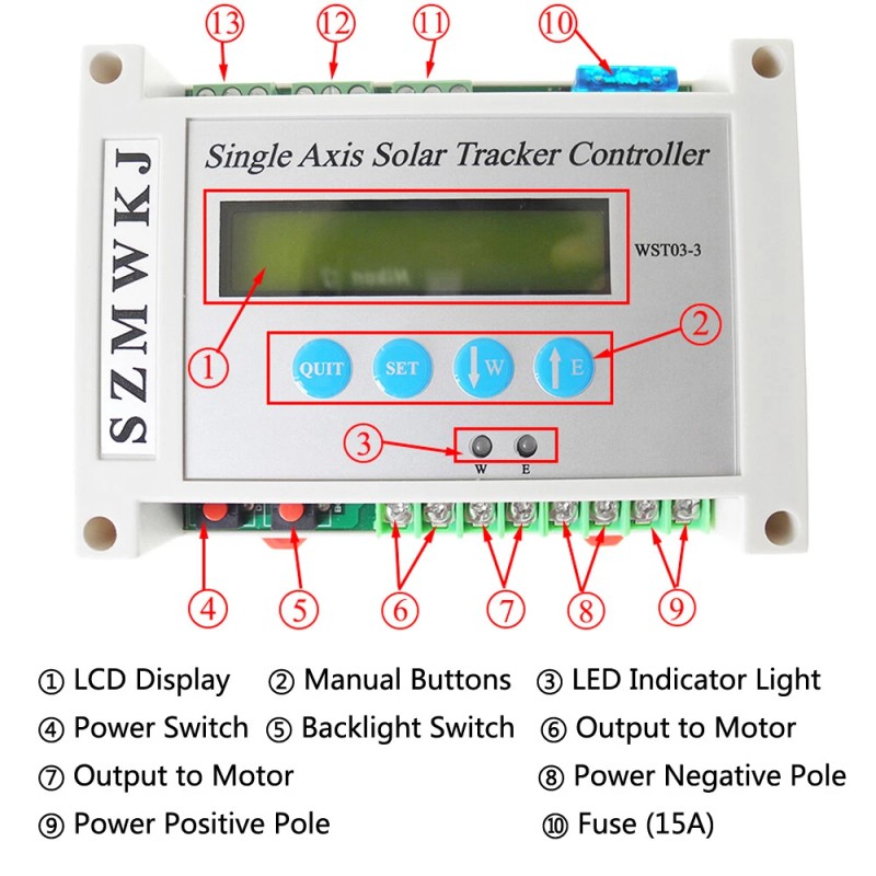SZMWKJ Single/Dual Axis Solar Tracker LCD Controller W/ Relay Extension