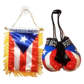 Rainbow Trading PUERTO RICAN Mini Flag and mini Boxing Gloves Combo set, Car Rear-View Mirror, Accessory, Home Office Decor, Gift Souvenir Patriotic Present