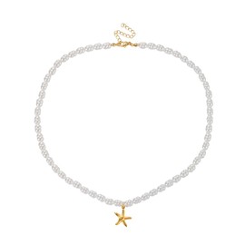 Dainty Pearl Choker Necklace for Women Trendy 14K Gold Plated Starfish Pearl Necklaces Pearl Accessories Jewelry Gifts, 45cm, Brass, No Gemstone