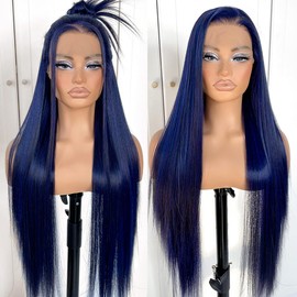 MITIMES 13x6 Dark Blue Straight HD Lace Front Wig Pre-Plucked Glueless Long Straight Blue Lace Front Wigs Synthetic Wear and Go Lace Front Wigs
