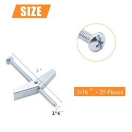 HELIFOUNER 20 Pieces 3/16 Inch Toggle Anchors for Drywall, Anchor Bolts, Drywall Anchors, Screws with Anchors, Wall Anchors for Hanging Heavy Items on Drywall