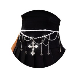 Florry Pearl Belly Chains for the Waist Beaded Waist Chain Belt Tassel Body Chains with Cross Silver Multilayer Waist Chains Belt for Women Dress