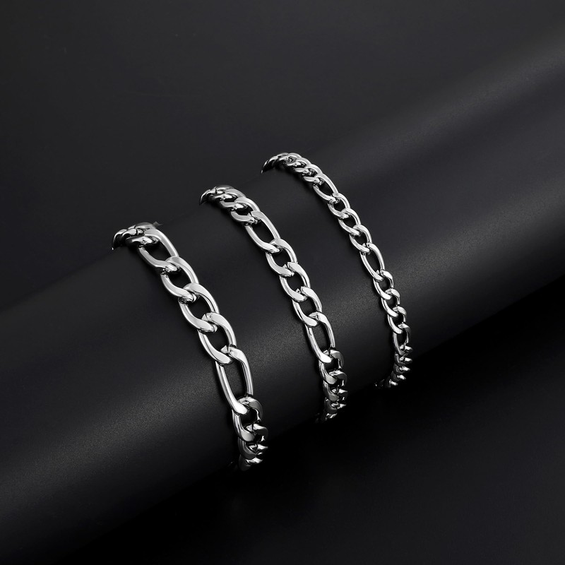 Fiusem Silver Tone Figaro Mens Bracelet, 7mm Width Stainless Steel
