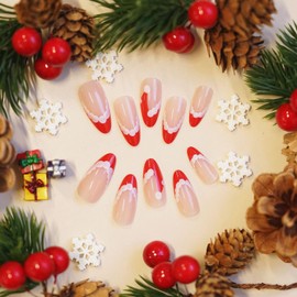 LPOODDNU Christmas Press on Nails Medium Almond Christmas Fake Nails Red French Tip Santa Hat Design Christmas Glue on Nails Cute Medium Almond Christmas False Nails for Women Nail Art Decorations
