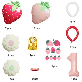 16Pcs Strawberry Balloons Arch Kit with Dual-Color Strawberry & Daisy & 1 Foil - Complete DIY Decor for 1st Birthday, Baby Shower, Berry Theme - Quick Setup & Full Components