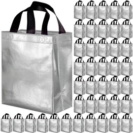 BLEWINDZ 100Pcs Reusable Gift Bags Medium Size – 10.2" Silver Gift Bags Tote Bags with Handles - Ideal as Party Favor Bags, Shopping Bags