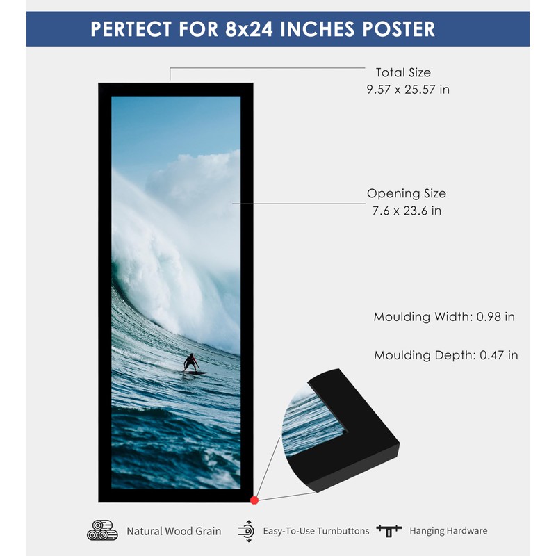 PEALSN 8x24 Picture Frame Black, Photo Frame for Wall Mounting