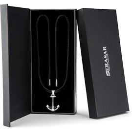 SERASAR Men's Premium Leather Necklace, Stainless Steel Pendant, Secure Clasp, Three Colours, Includes Jewellery Box, Leather Stainless Steel