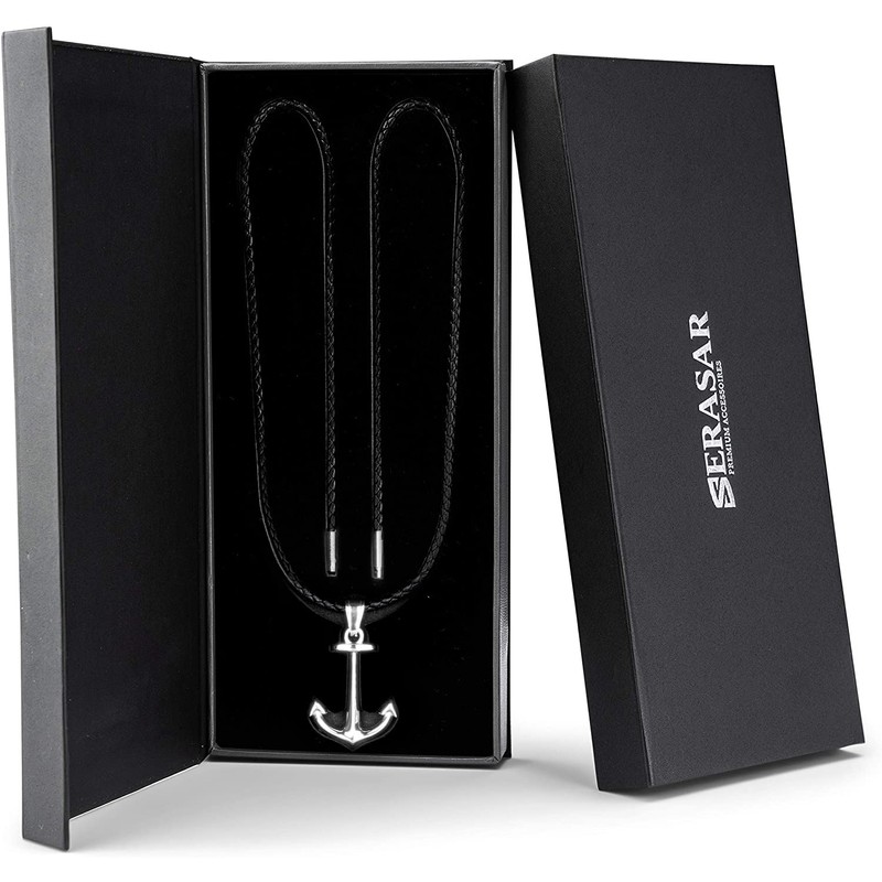 SERASAR Men's Premium Leather Necklace, Stainless Steel Pendant, Secure Clasp,