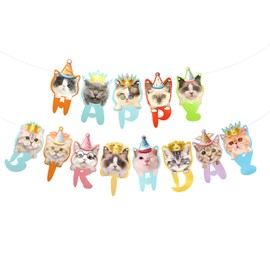 Cat Birthday Decorations, Cat Happy Birthday Banner, Cat Face Hanging Bunting Birthday Sign for Kids Women Men Girls Boys Cartoon Cat Pet Theme Lovely Birthday Party Supplies Reusable Y6-SRMZS