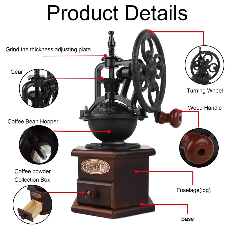 Coffee Grinder,Wooden Coffee Bean Grinder Manual Coffee Grinder Roller, Antique