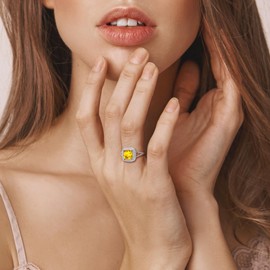 RANDES November Birthstone Ring 925 Sterling Silver Yellow Citrine Rings for Women Cushion Cut Gemstone Engagement Ring Size 9