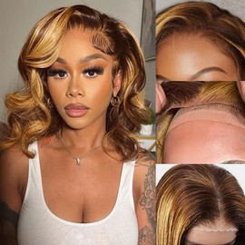 Wear and Go Glueless Wigs Human Hair Pre Cut 7x5 Ombre Lace Front Wig Human Hair 4/27 Highlight Wig 12inch Short Bob Wig Human Hair for Black Women