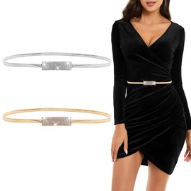 AEXHOT 2PCS Women Skinny Metal Chain Waist Belt Shiny Fashion Rhinestone Dress Belts, Metal Stretch Waist Skinny Belt Waistband for skirts(Gold, Silver)