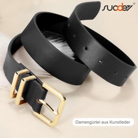SUOSDEY Women's leather belt for jeans, fashionable women's waist belt, dress belt with golden buckle, 3.3 cm width, black