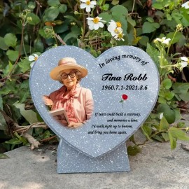 Heart-Themed Hand-painted Resin Statue Memorial Plaque Artistic Decor Photo Poem Detail Outdoor Garden Funeral-Style OrnamentColor: Gray, Size: One Size