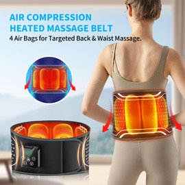 Back Massager with Heat – Heated Massage Belt with 4 Airbags Gentle Massage, Cordless Lumbar Massager with 4000mAh Battery, Adjustable Wrap Belt, Gift for Men & Women