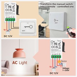 433Mhz Wireless Remote Control Switch DC 12V 1 Channel Mini Radio Control Relay Receiver with 2 Transmitter Key Switches Potential Free Contacts Relay for LED/Light/Gate/Electromagnetic Lock